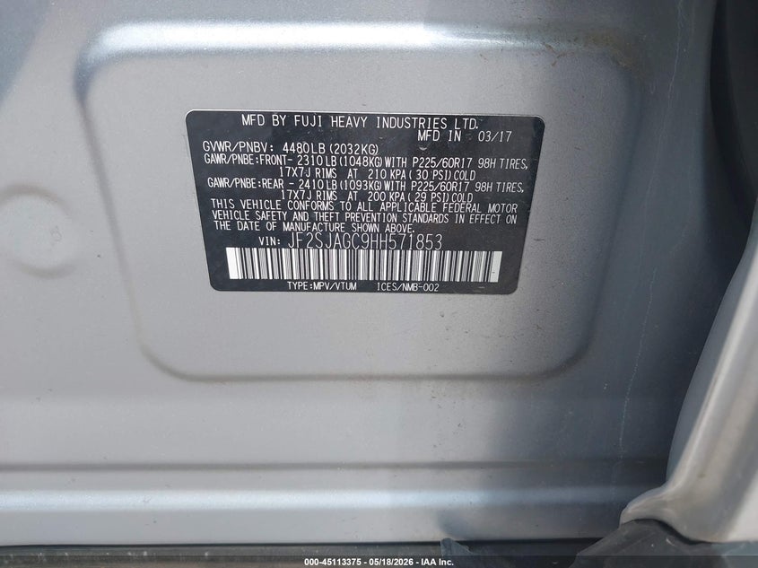 2017 Subaru Forester VIN JF2SJAGC9HH571853 IAAI salvage auction — HAIL, Clear (Missouri), sold $1,000 on 2026-07-13 (photo 9)