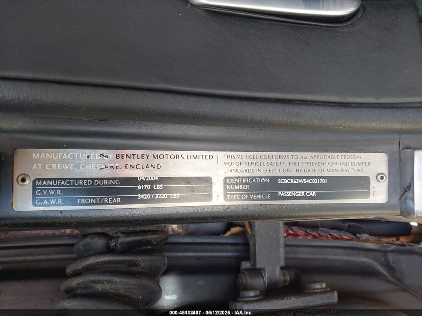 2004 Bentley Continental VIN SCBCR63W54C021701 IAAI salvage auction — ENGINE BURN, Non-Repairable (California), sold $725 on 2026-09-09 (photo 9)