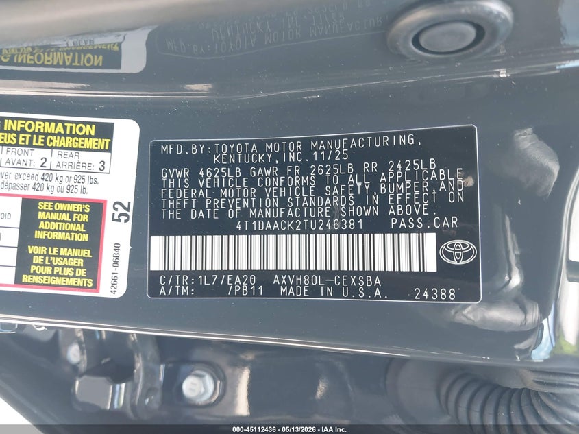2026 Toyota Camry VIN 4T1DAACK2TU246381 IAAI salvage auction — RIGHT REAR, Rebuildable (Florida), sold $12,800 on 2026-07-06 (photo 9)
