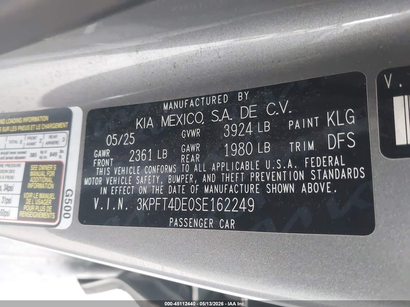 2025 Kia K4 VIN 3KPFT4DE0SE162249 IAAI salvage auction — RIGHT FRONT, Salvage Title, sold $7,600 on 2026-08-19 (photo 9)
