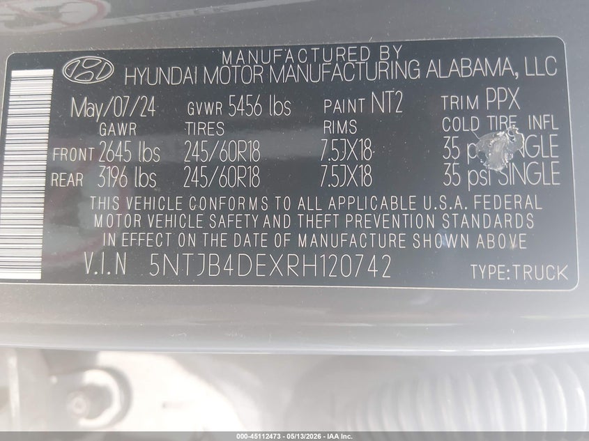 2024 Hyundai Santa cruz VIN 5NTJB4DEXRH120742 IAAI salvage auction — FRONT & REAR, Salvage (South Carolina), sold $6,000 on 2026-07-18 (photo 9)