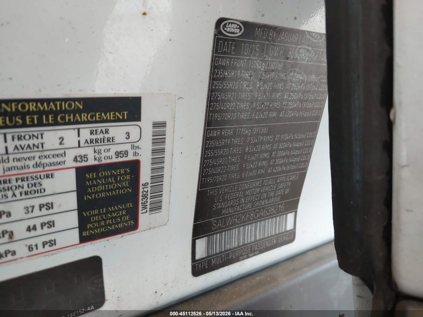 2016 Land rover Range rover sport VIN SALWR2KF8GA638216 IAAI salvage auction — SIDE, Bill Of Sale (Washington), sold $2,750 on 2026-07-12 (photo 9)