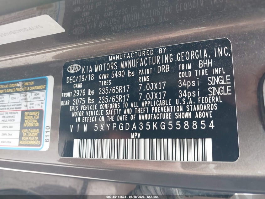 2019 Kia Sorento VIN 5XYPGDA35KG558854 IAAI salvage auction — HAIL, Salvage (Minnesota), sold $2,550 on 2026-07-20 (photo 9)