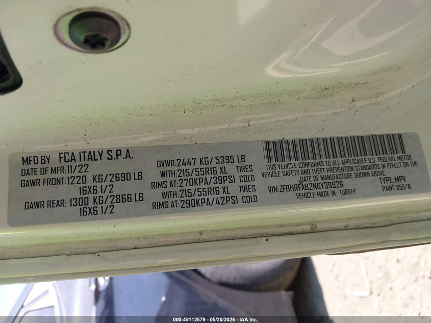 2022 Ram Promaster city VIN ZFBHRFAB2N6Y39926 IAAI salvage auction — FRONT END, Salvage (Massachusetts), sold $3,500 on 2026-07-28 (photo 9)
