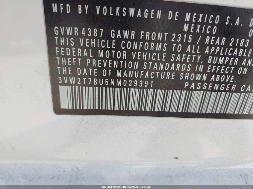 2022 Volkswagen Jetta VIN 3VW2T7BU5NM029391 IAAI salvage auction — LEFT FRONT, Salvage (California), sold $10,300 on 2026-08-19 (photo 9)