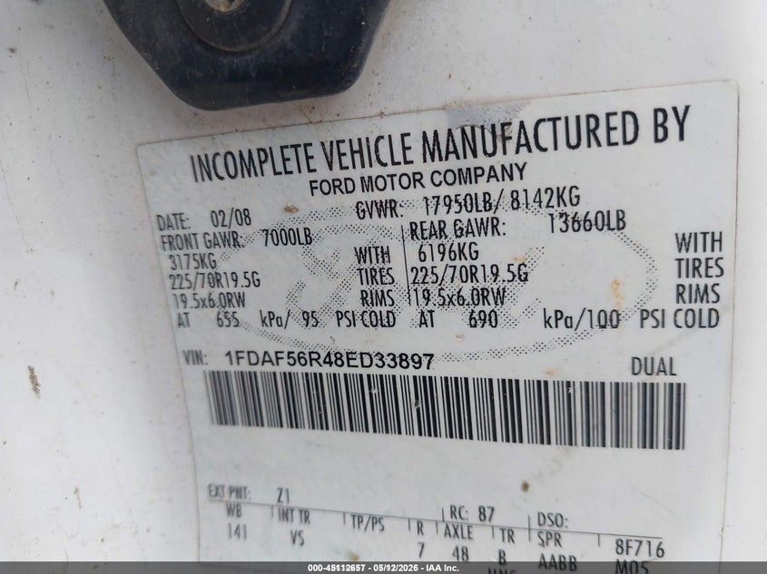2008 Ford F-550 chassis VIN 1FDAF56R48ED33897 IAAI salvage auction — REAR END, Clear (Texas), sold $1,025 on 2026-07-08 (photo 8)