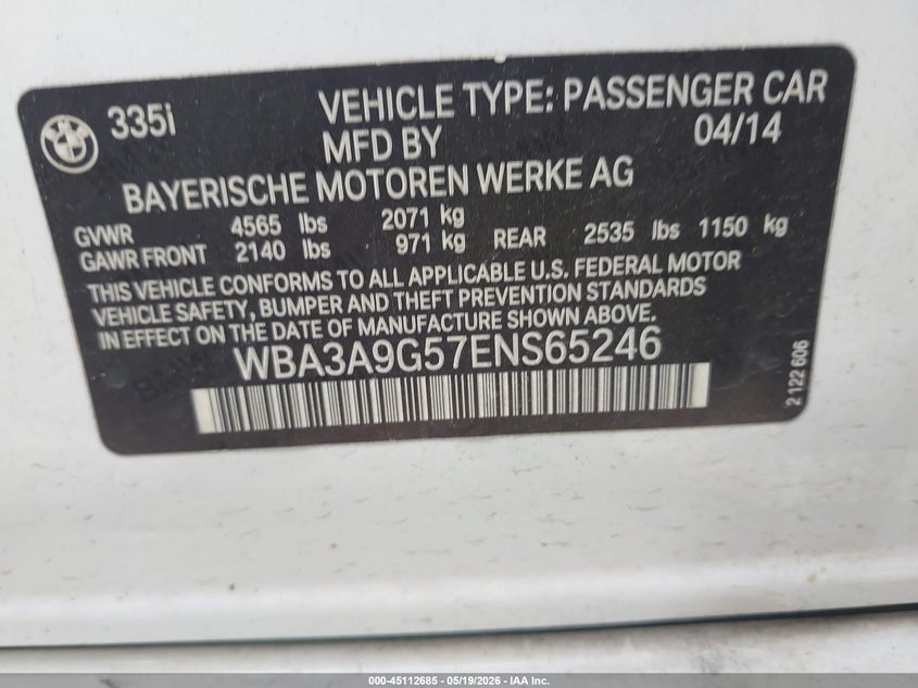 2014 BMW 3er VIN WBA3A9G57ENS65246 IAAI salvage auction — FRONT END, Salvage (Texas), sold $25 on 2026-07-28 (photo 9)