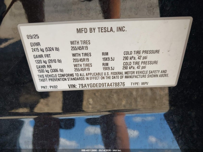 2026 Tesla Model y VIN 7SAYGDED9TA478876 IAAI salvage auction — REAR END, Salvage (Arizona), sold $17,600 on 2026-07-18 (photo 9)
