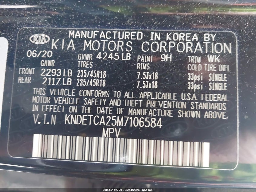 2021 Kia Seltos VIN KNDETCA25M7106584 IAAI salvage auction — FRONT END, Salvage - Greater Than 75% (Maryland), sold $2,500 on 2026-07-07 (photo 9)