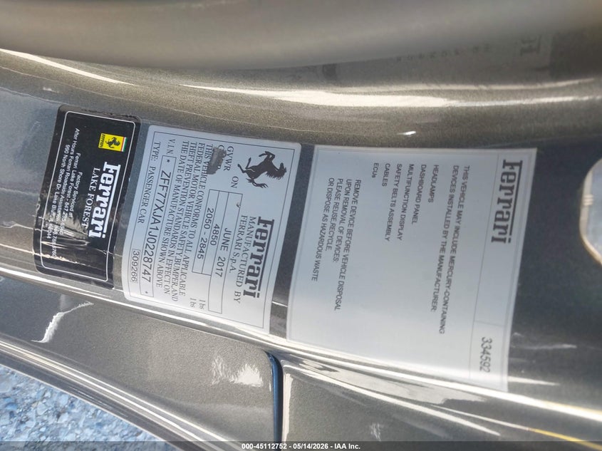 2018 Ferrari California VIN ZFF77XJA1J0228747 IAAI salvage auction — REAR END, Clear (Wisconsin), sold $35,150 on 2026-07-13 (photo 9)