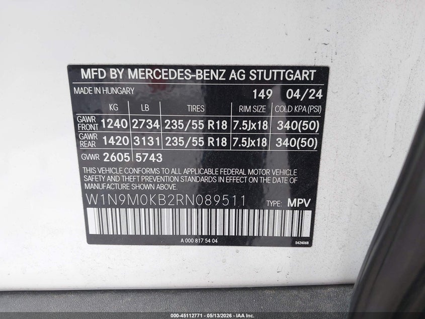 2024 Mercedes-benz VIN W1N9M0KB2RN089511 IAAI salvage auction — FRONT END, Salvage (California), sold $11,050 on 2026-07-08 (photo 9)