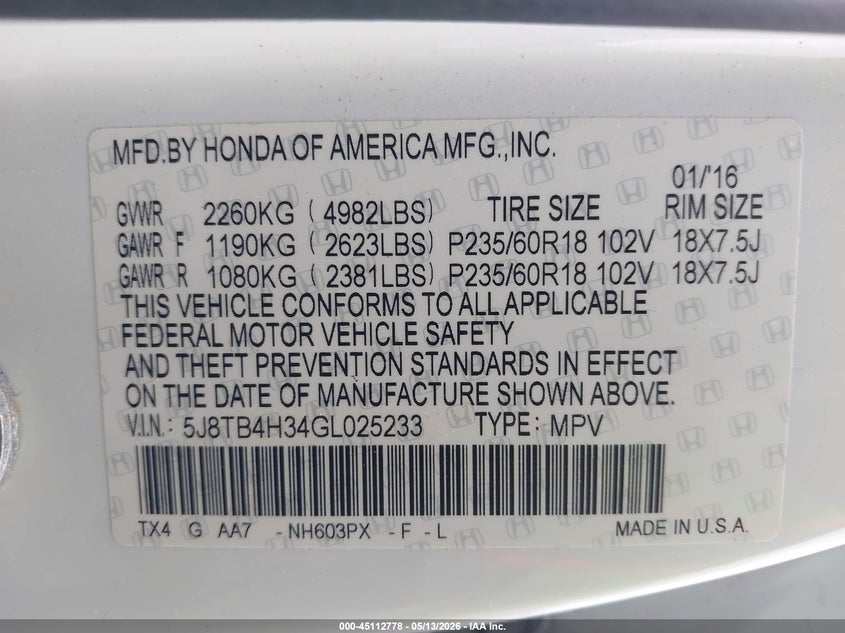 2016 Acura Rdx VIN 5J8TB4H34GL025233 IAAI salvage auction — FRONT END, Salvage - Greater Than 75% (Maryland), sold $600 on 2026-07-11 (photo 9)