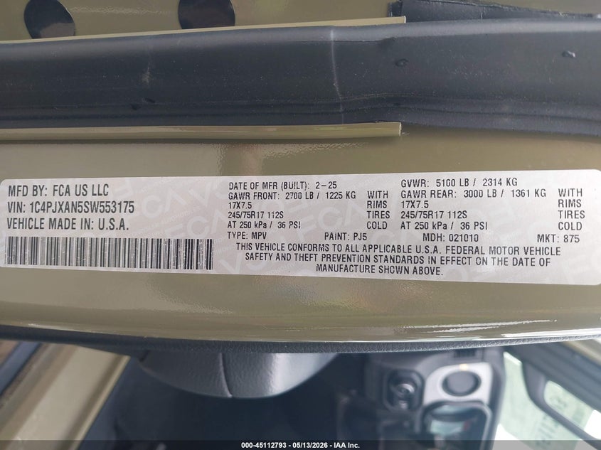 2025 Jeep Wrangler / VIN 1C4PJXAN5SW553175 IAAI salvage auction — ROLLOVER, Certificate Of Destruction (Florida), sold $7,100 on 2026-07-29 (photo 9)