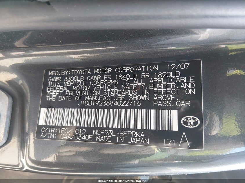 2008 Toyota Yaris VIN JTDBT923884022716 IAAI salvage auction — FRONT END, Salvage (Connecticut), sold $550 on 2026-07-16 (photo 9)