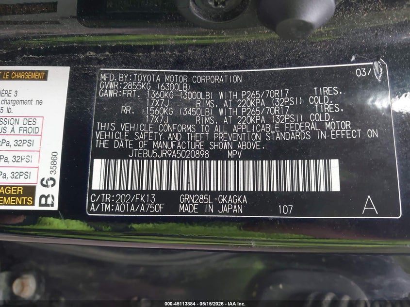 2010 Toyota 4runner VIN JTEBU5JR9A5020898 IAAI salvage auction — REAR END, Salvage (Massachusetts), sold $5,550 on 2026-07-14 (photo 9)