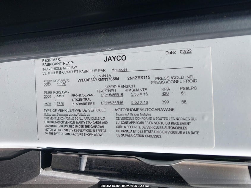 2021 Mercedes-benz Sprinter VIN W1X8E33YXMN176554 IAAI salvage auction — STORM DAMAGE, Clear (South Carolina), sold $40,250 on 2026-07-22 (photo 9)