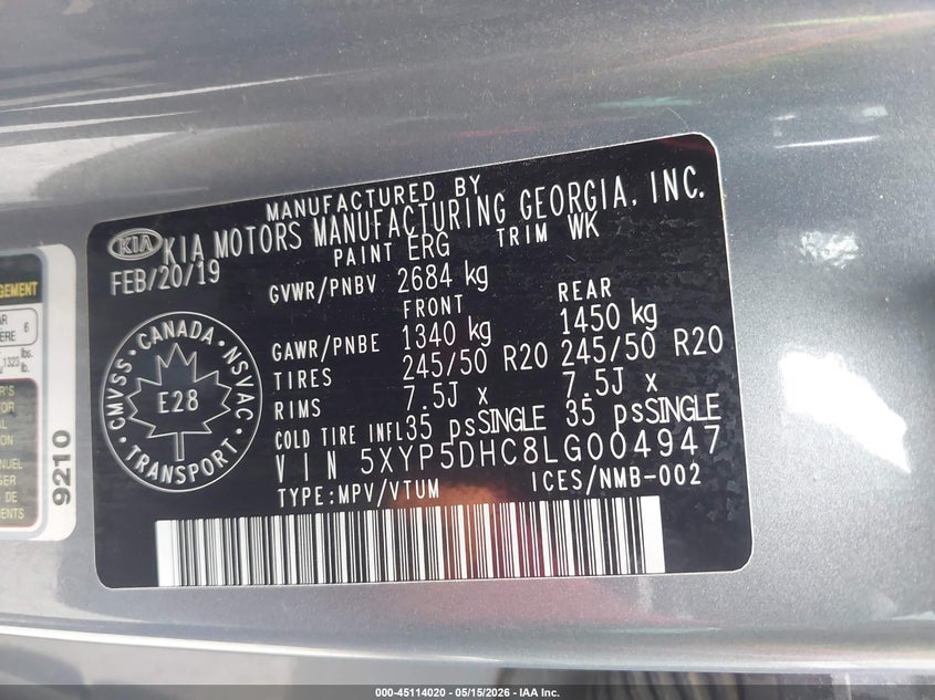 2020 Kia Telluride VIN 5XYP5DHC8LG004947 IAAI salvage auction — HAIL, Original (Texas), sold $7,300 on 2026-07-28 (photo 9)