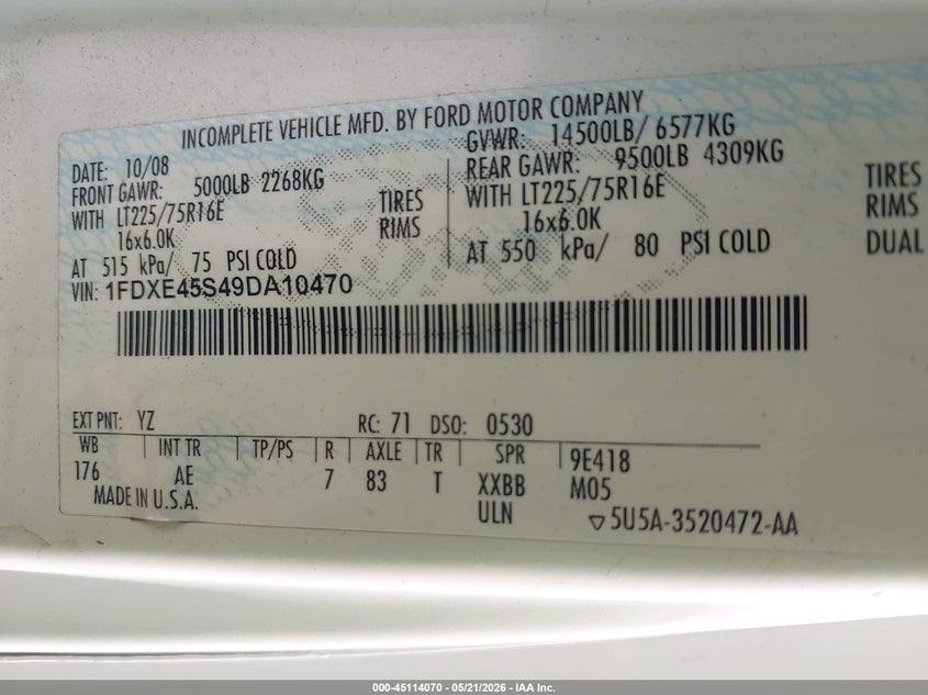 2009 Ford E-450 VIN 1FDXE45S49DA10470 IAAI salvage auction — FRONT END, Salvage (Idaho), sold $625 on 2026-07-08 (photo 9)