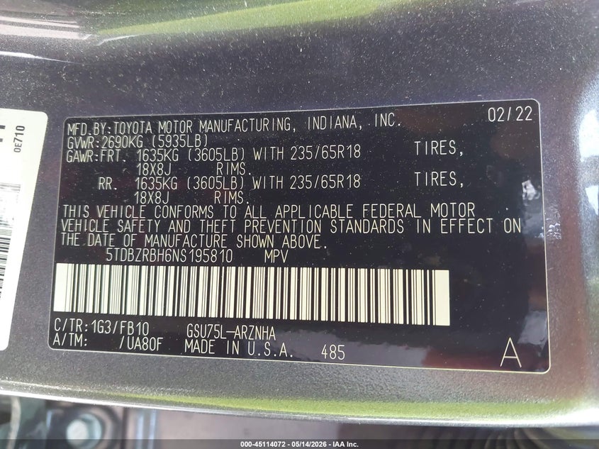 2022 Toyota Highlander VIN 5TDBZRBH6NS195810 IAAI salvage auction — LEFT FRONT, Salvage (Nebraska), sold $15,575 on 2026-07-09 (photo 9)