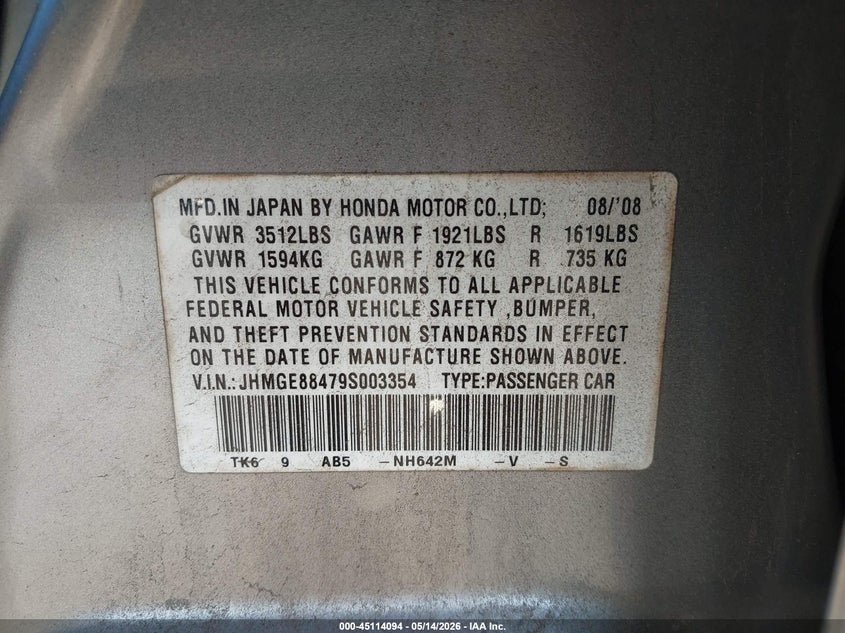 2009 Honda Fit VIN JHMGE88479S003354 IAAI salvage auction — ROLLOVER, Salvage (Texas), sold $350 on 2026-07-11 (photo 9)
