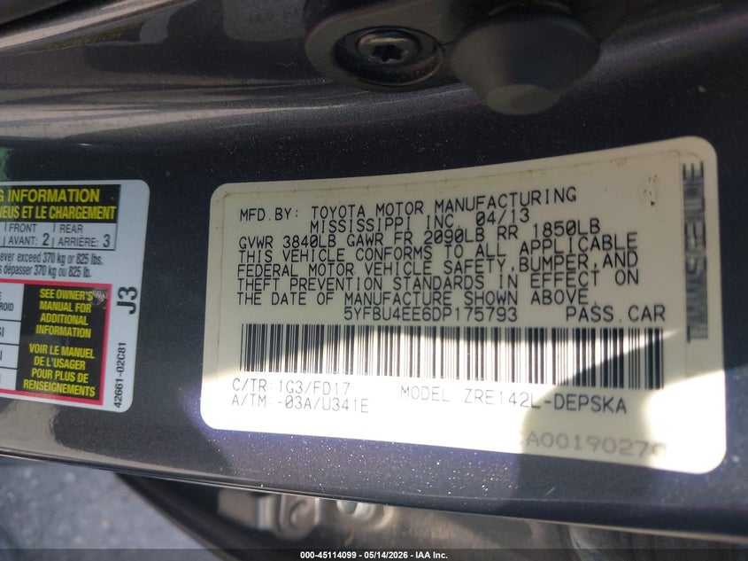 2013 Toyota Corolla VIN 5YFBU4EE6DP175793 IAAI salvage auction — FRONT END, Rebuildable (Florida), sold $825 on 2026-07-14 (photo 9)