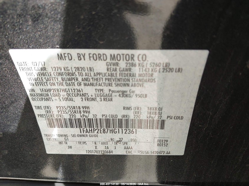 2017 Ford Taurus VIN 1FAHP2E87HG112361 IAAI salvage auction — SIDE, Salvage (Georgia), sold $2,100 on 2026-07-09 (photo 9)