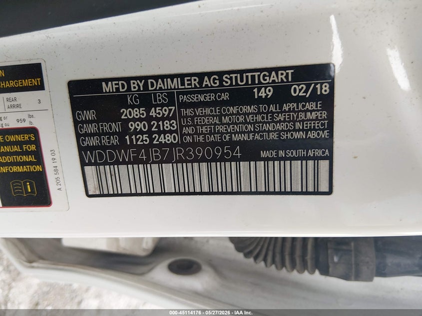 2018 Mercedes-benz C-klasse VIN WDDWF4JB7JR390954 IAAI salvage auction — UNKNOWN, Salvage Title, sold $4,400 on 2026-07-28 (photo 9)