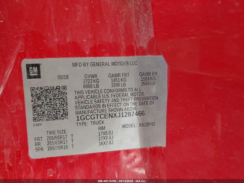 2018 Chevrolet Colorado VIN 1GCGTCENXJ1287466 IAAI salvage auction — FRONT END, Junk (Oklahoma), sold $4,800 on 2026-07-22 (photo 9)