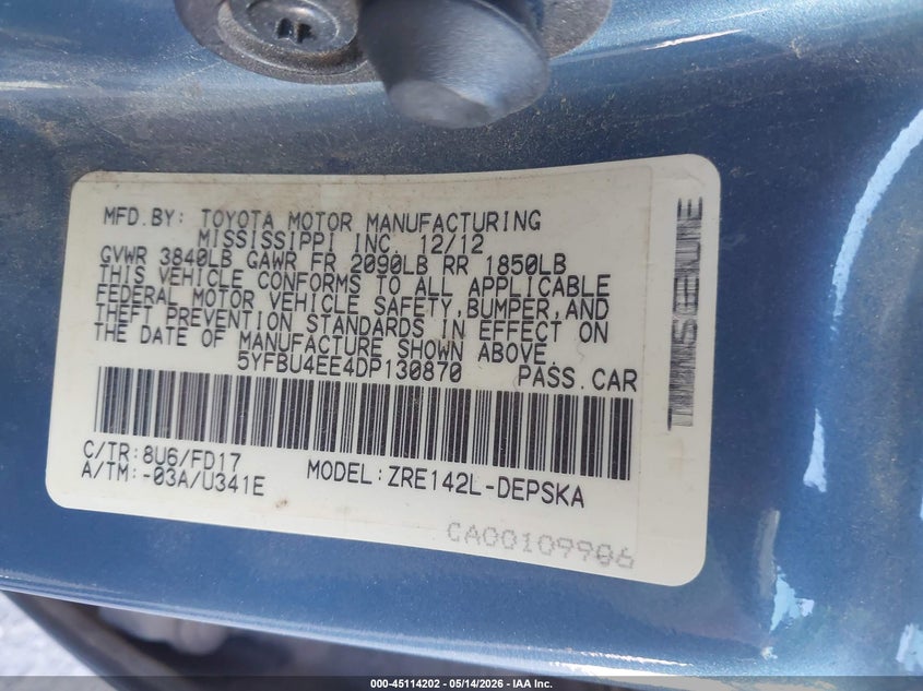 2013 Toyota Corolla VIN 5YFBU4EE4DP130870 IAAI salvage auction — FRONT END, Salvage (Alabama), sold $1,350 on 2026-07-15 (photo 9)