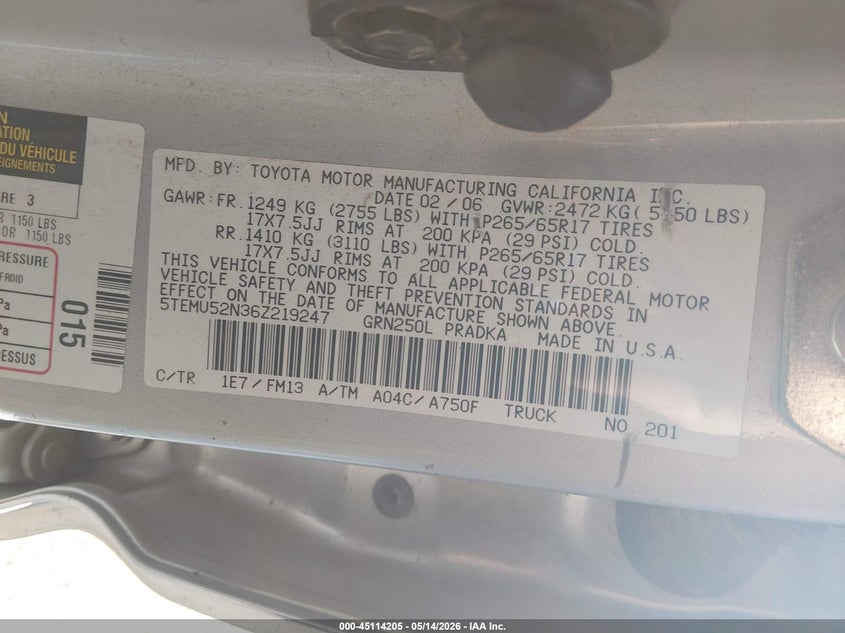 2006 Toyota Tacoma VIN 5TEMU52N36Z219247 IAAI salvage auction — REAR END, Clear (Montana), sold $2,250 on 2026-07-15 (photo 9)