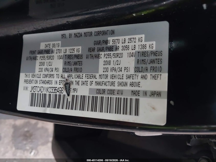 2019 Mazda Cx-9 VIN JM3TCADYXK0336498 IAAI salvage auction — RIGHT FRONT, Salvage Title, sold $2,650 on 2026-08-01 (photo 9)