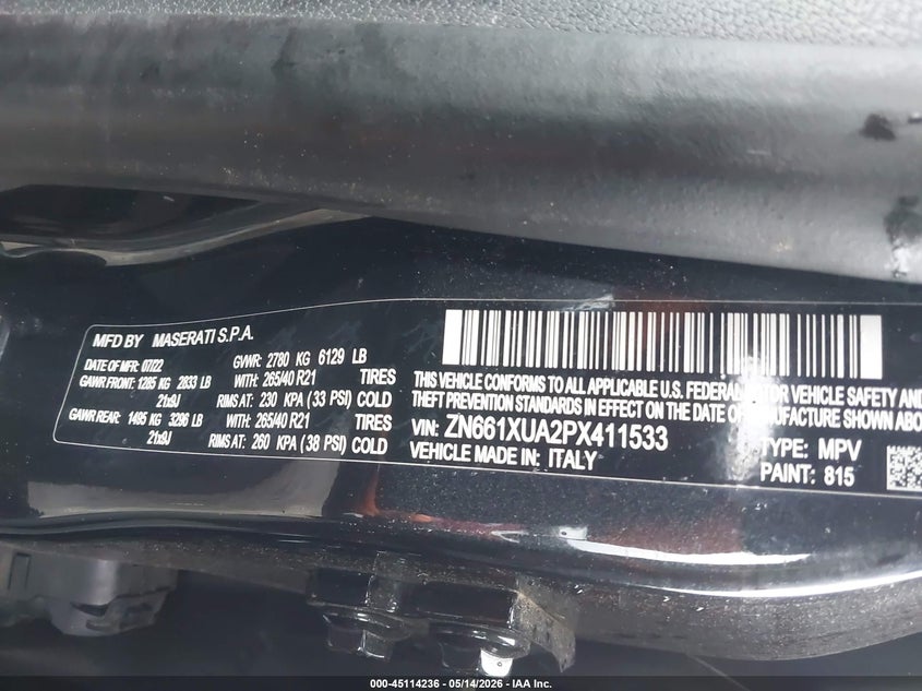 2023 Maserati Levante VIN ZN661XUA2PX411533 IAAI salvage auction — ENGINE DAMAGE, Salvage (Pennsylvania), sold $3,850 on 2026-07-10 (photo 9)
