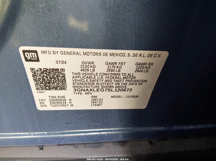 2025 Chevrolet Equinox VIN 3GNAXLEG7SL120673 IAAI salvage auction — REAR END, Salvage (North Carolina), sold $13,000 on 2026-07-29 (photo 9)
