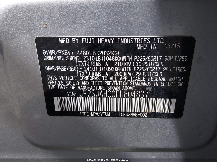 2015 Subaru Forester VIN JF2SJAHC0FH804837 IAAI salvage auction — REAR END, Bill Of Sale (Washington), sold $950 on 2026-07-22 (photo 9)