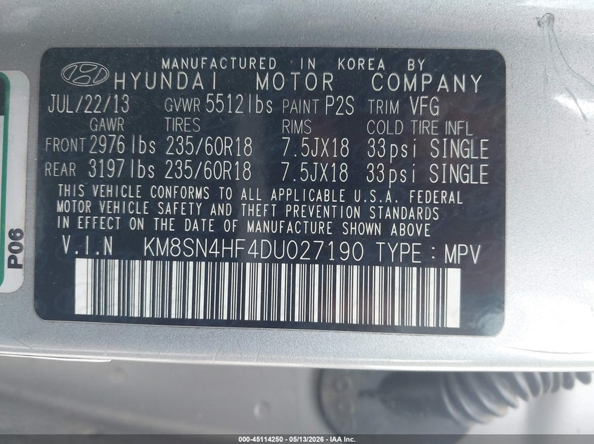 2013 Hyundai Santa fe VIN KM8SN4HF4DU027190 IAAI salvage auction — FRONT END, Salvage (Georgia), sold $1,300 on 2026-07-08 (photo 9)