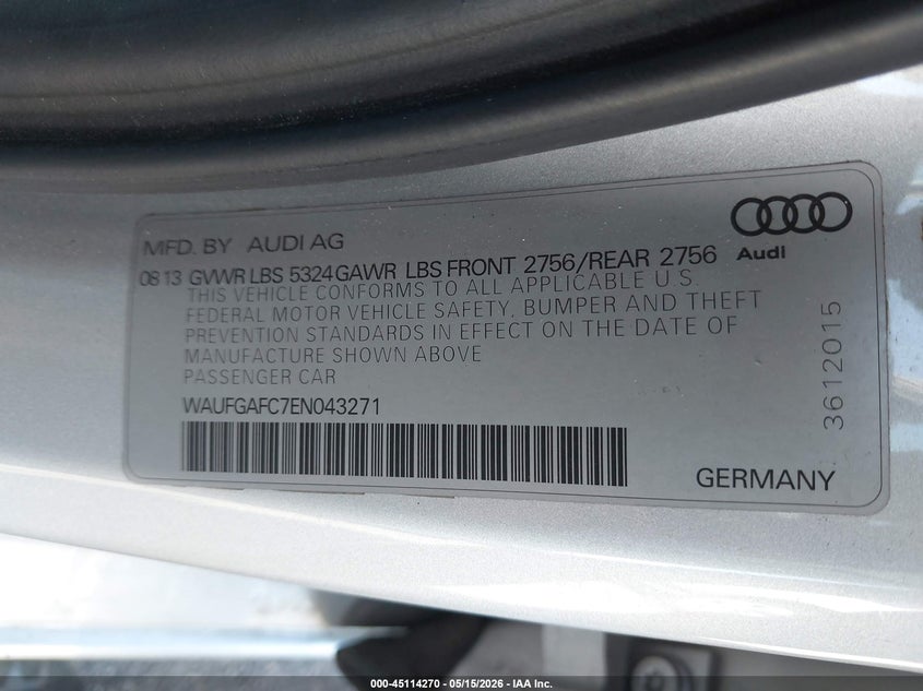 2014 Audi A6 VIN WAUFGAFC7EN043271 IAAI salvage auction — HAIL, Salvage (Minnesota), sold $3,550 on 2026-07-20 (photo 9)