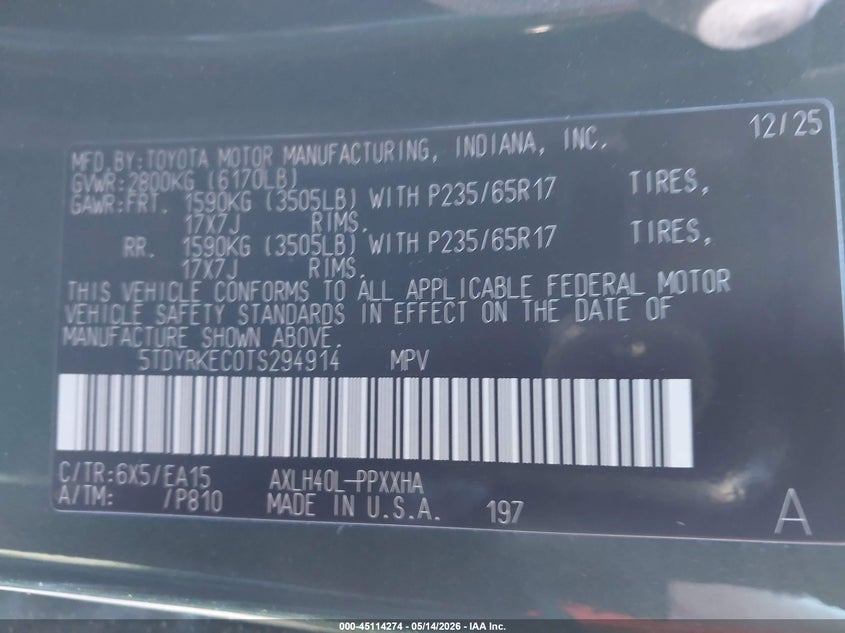 2026 Toyota Sienna VIN 5TDYRKEC0TS294914 IAAI salvage auction — FRONT END, Original (Texas), sold $20,750 on 2026-07-21 (photo 9)