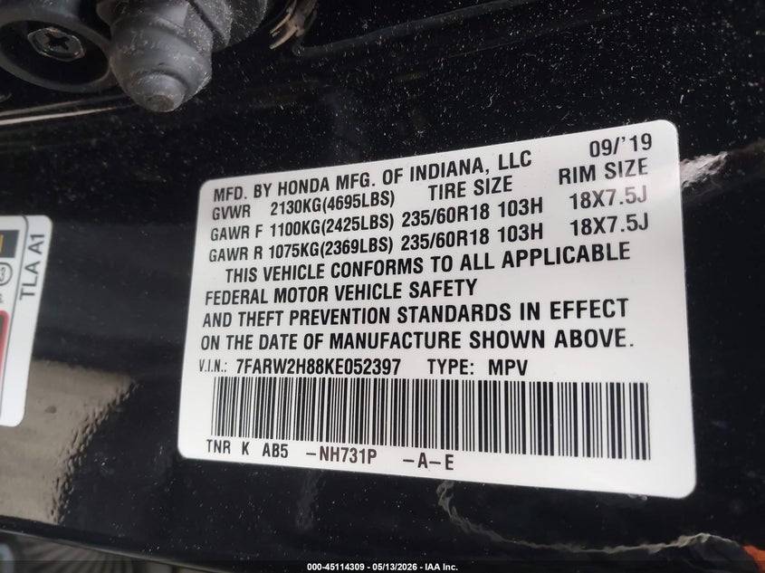 2019 Honda Cr-v VIN 7FARW2H88KE052397 IAAI salvage auction — FRONT END, Salvage (Idaho), sold $7,500 on 2026-07-13 (photo 9)