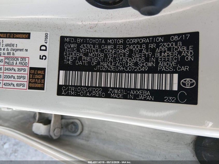 2017 Toyota VIN JTDZN3EU9HJ072049 IAAI salvage auction — SIDE, Wait Title, sold $2,600 on 2026-08-02 (photo 9)