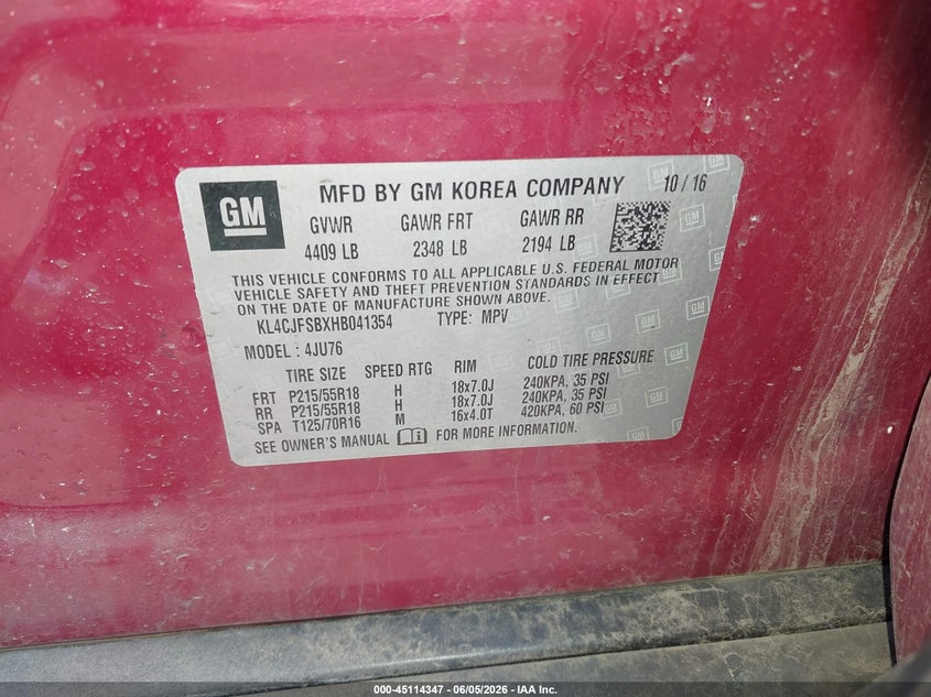 2017 Buick Encore VIN KL4CJFSBXHB041354 IAAI salvage auction — FRONT END, Salvage Title, sold $300 on 2026-07-15 (photo 9)