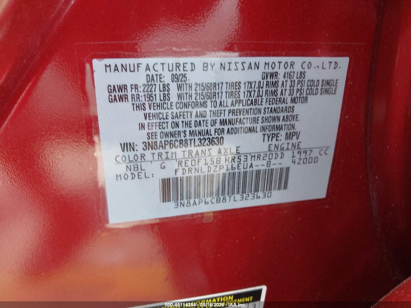 2026 Nissan Kicks VIN 3N8AP6CB8TL323630 IAAI salvage auction — REAR END, Salvage Title, sold $8,150 on 2026-08-17 (photo 9)