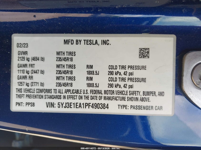2023 Tesla Model 3 VIN 5YJ3E1EA1PF490384 IAAI salvage auction — RIGHT REAR, Salvage Title, sold $6,900 on 2026-07-30 (photo 9)