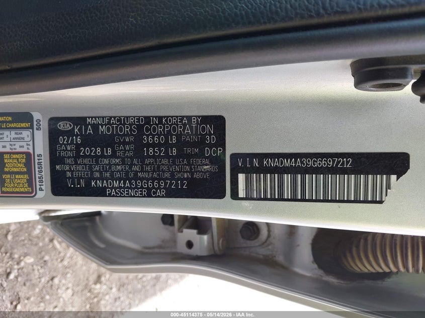 2016 Kia Rio VIN KNADM4A39G6697212 IAAI salvage auction — FRONT END, Salvage (Oregon), sold $750 on 2026-07-17 (photo 9)