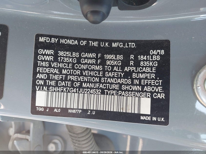2018 Honda Civic VIN SHHFK7G41JU224532 IAAI salvage auction — FRONT END, Salvage Title, sold $3,300 on 2026-07-28 (photo 9)