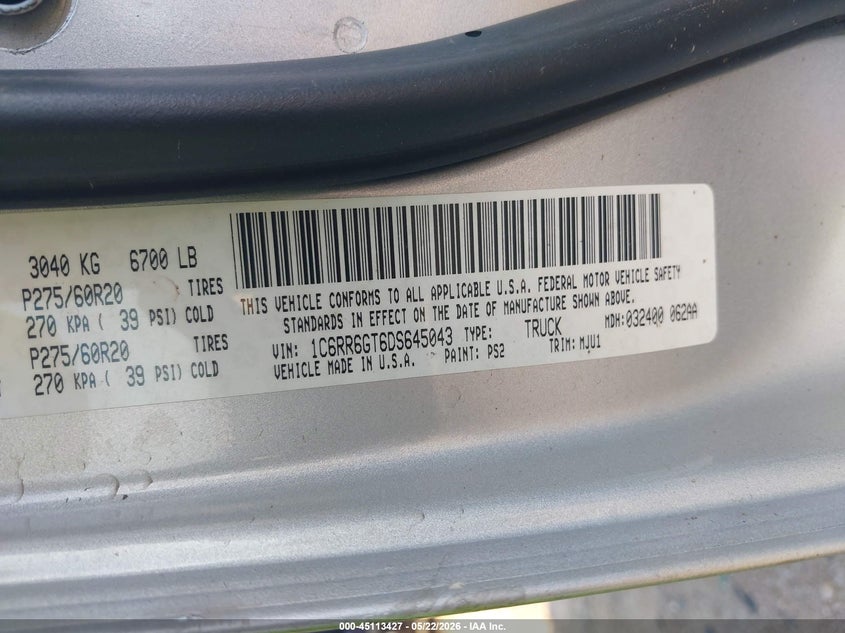 2013 Ram 1500 VIN 1C6RR6GT6DS645043 IAAI salvage auction — SIDE, Salvage Title, sold $1,550 on 2026-08-21 (photo 9)