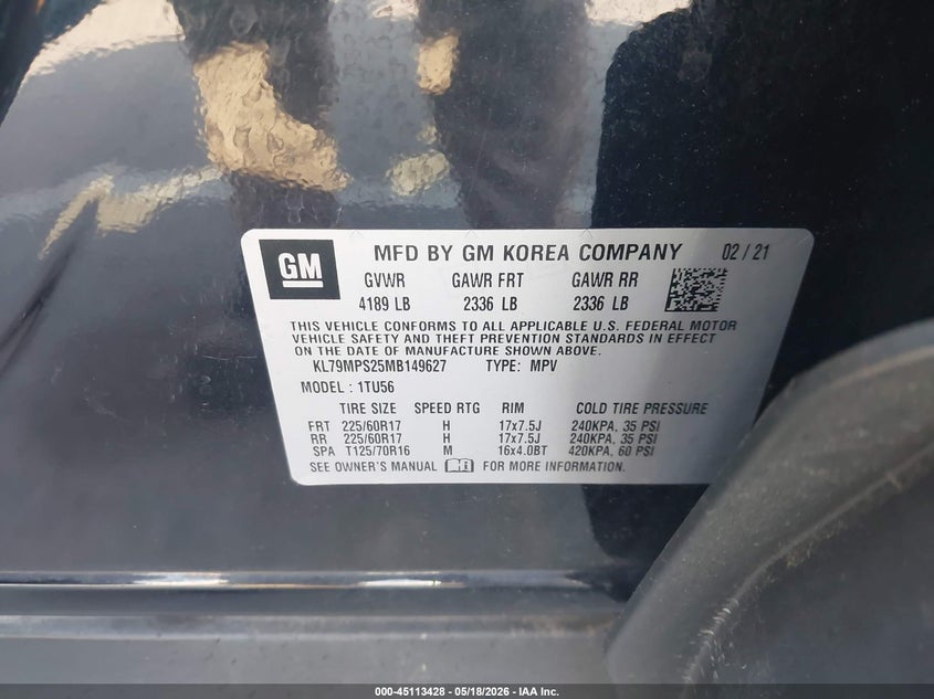 2021 Chevrolet Trailblazer VIN KL79MPS25MB149627 IAAI salvage auction — RIGHT FRONT, Salvage (Indiana), sold $4,700 on 2026-07-17 (photo 9)
