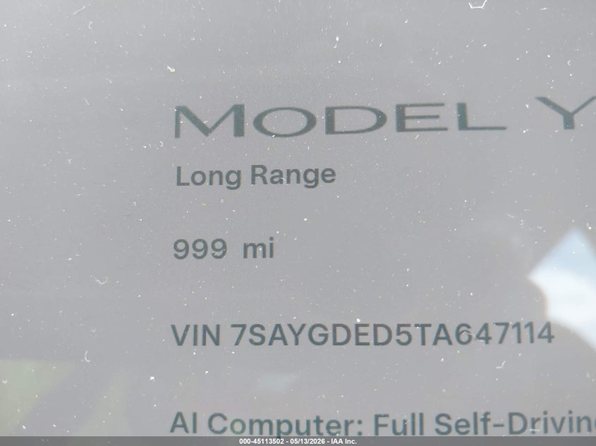 2026 Tesla Model y VIN 7SAYGDED5TA647114 IAAI salvage auction — FRONT END, Rebuildable (Florida), sold $16,050 on 2026-07-09 (photo 7)