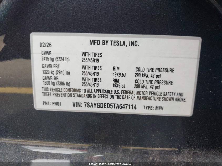 2026 Tesla Model y VIN 7SAYGDED5TA647114 IAAI salvage auction — FRONT END, Rebuildable (Florida), sold $16,050 on 2026-07-09 (photo 9)