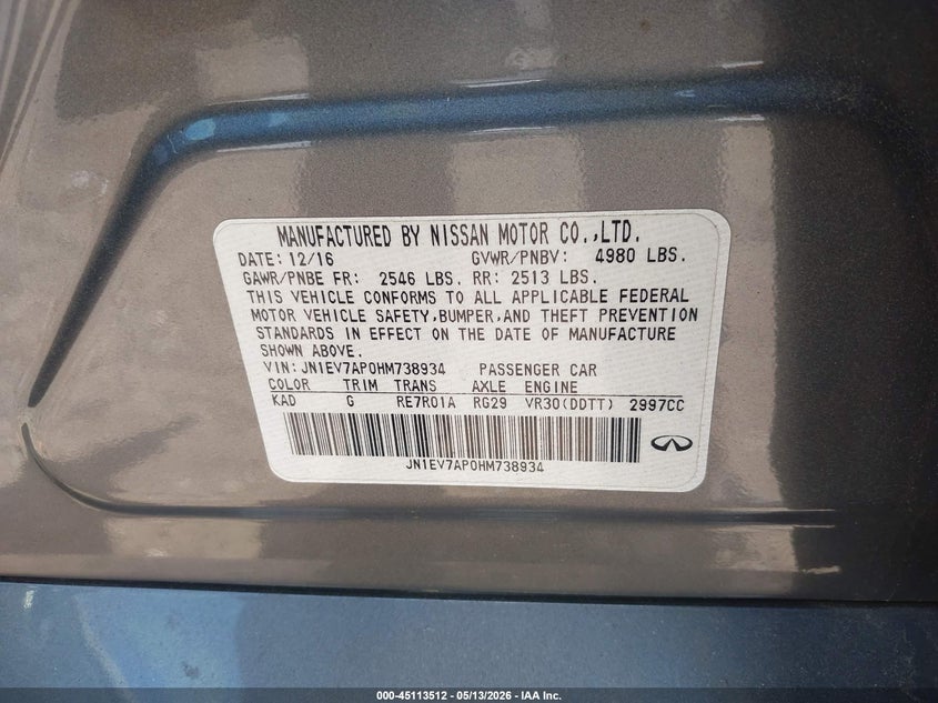 2017 Infiniti Q50 VIN JN1EV7AP0HM738934 IAAI salvage auction — RIGHT SIDE, Salvage (Georgia), sold $1,750 on 2026-07-10 (photo 9)