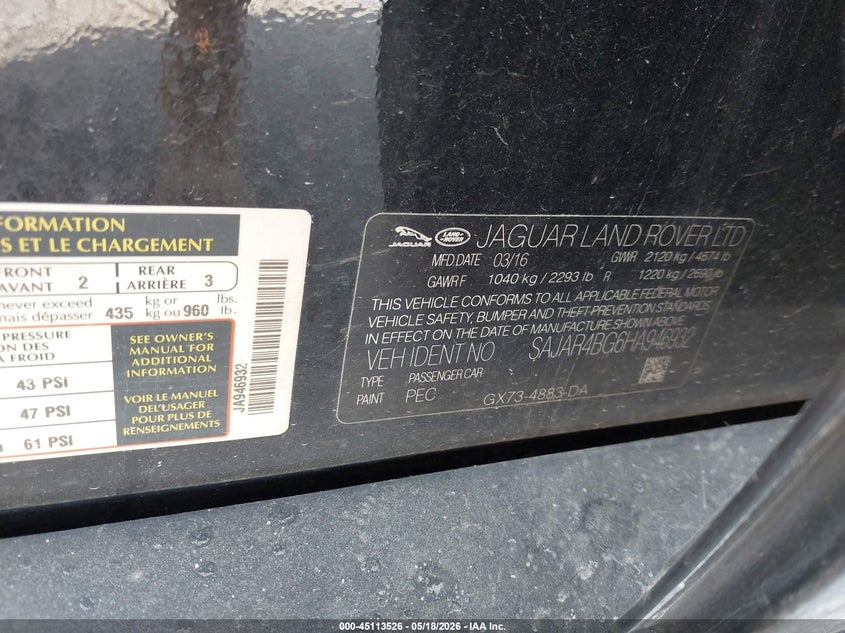 2017 Jaguar Xe VIN SAJAR4BG6HA946932 IAAI salvage auction — FRONT END, Salvage (Missouri), sold $975 on 2026-08-03 (photo 9)